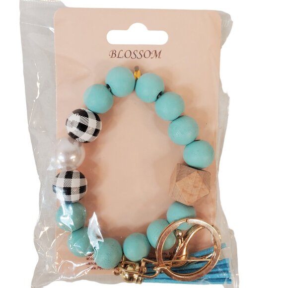 Blossom - Baby Blue Plaid White & Beige Beaded Wristlet Keychain w/ Tassel. - Picture 4 of 5